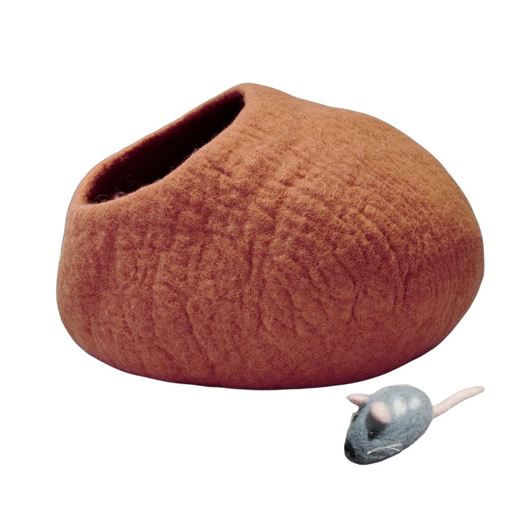 Brown Felt | Merino Cat Bed Cave | Wool Bed | Cat Entertainment