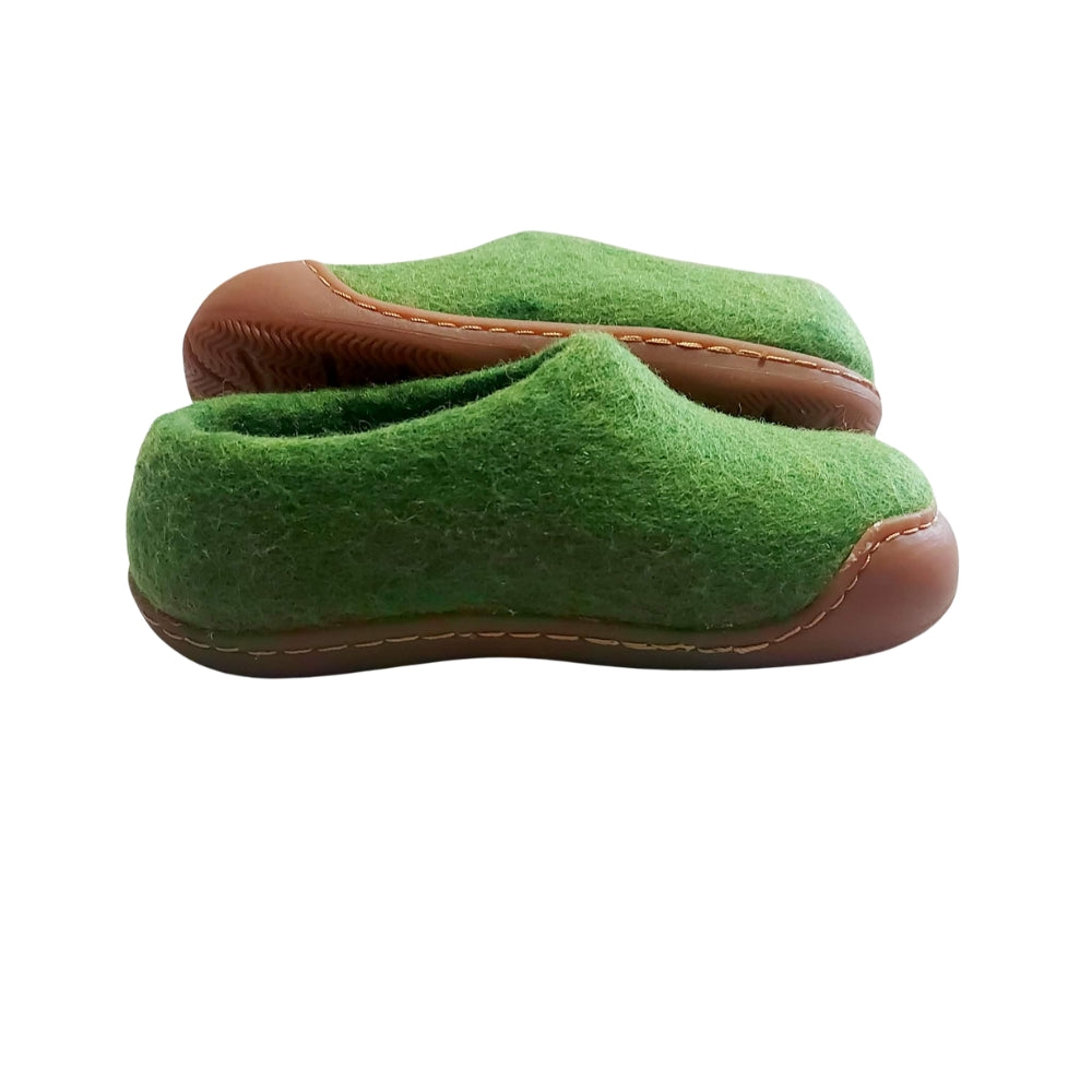 Green Felt | Merino Wool Slippers | Slip-on | Shoes | Rubber Sole | Kids