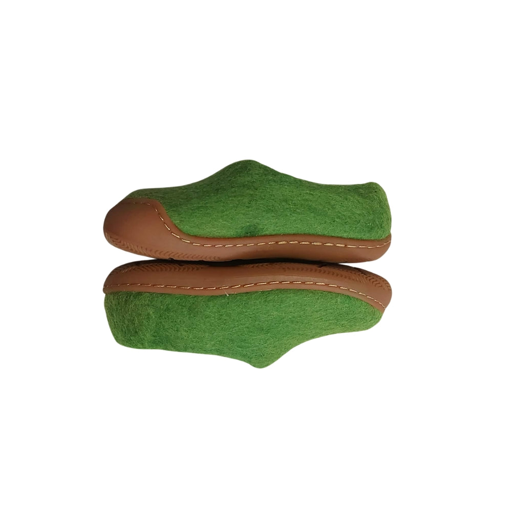 Green Felt | Merino Wool Slippers | Slip-on | Shoes | Rubber Sole | Kids