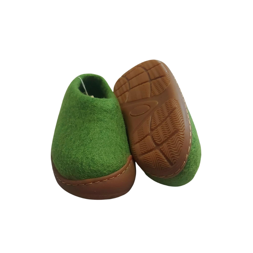 Green Felt | Merino Wool Slippers | Slip-on | Shoes | Rubber Sole | Kids