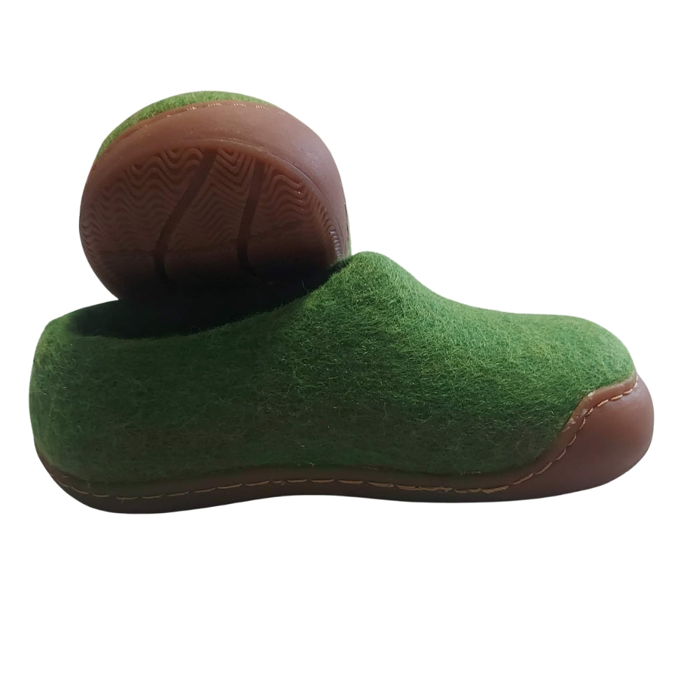 Green Felt | Merino Wool Slippers | Slip-on | Shoes | Rubber Sole | Kids
