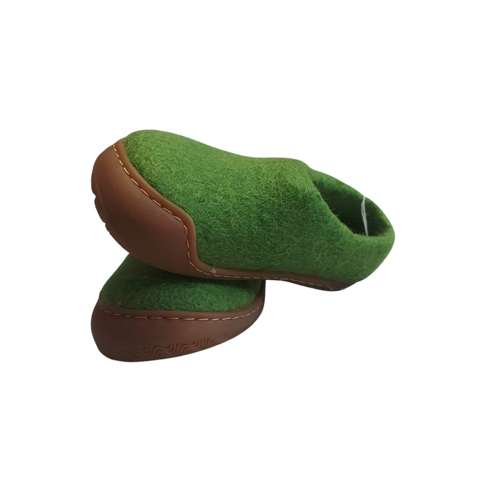 Green Felt | Merino Wool Slippers | Slip-on | Shoes | Rubber Sole | Kids