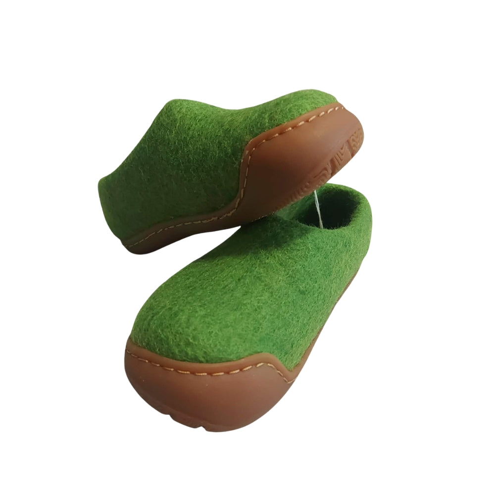 Green Felt | Merino Wool Slippers | Slip-on | Shoes | Rubber Sole | Kids