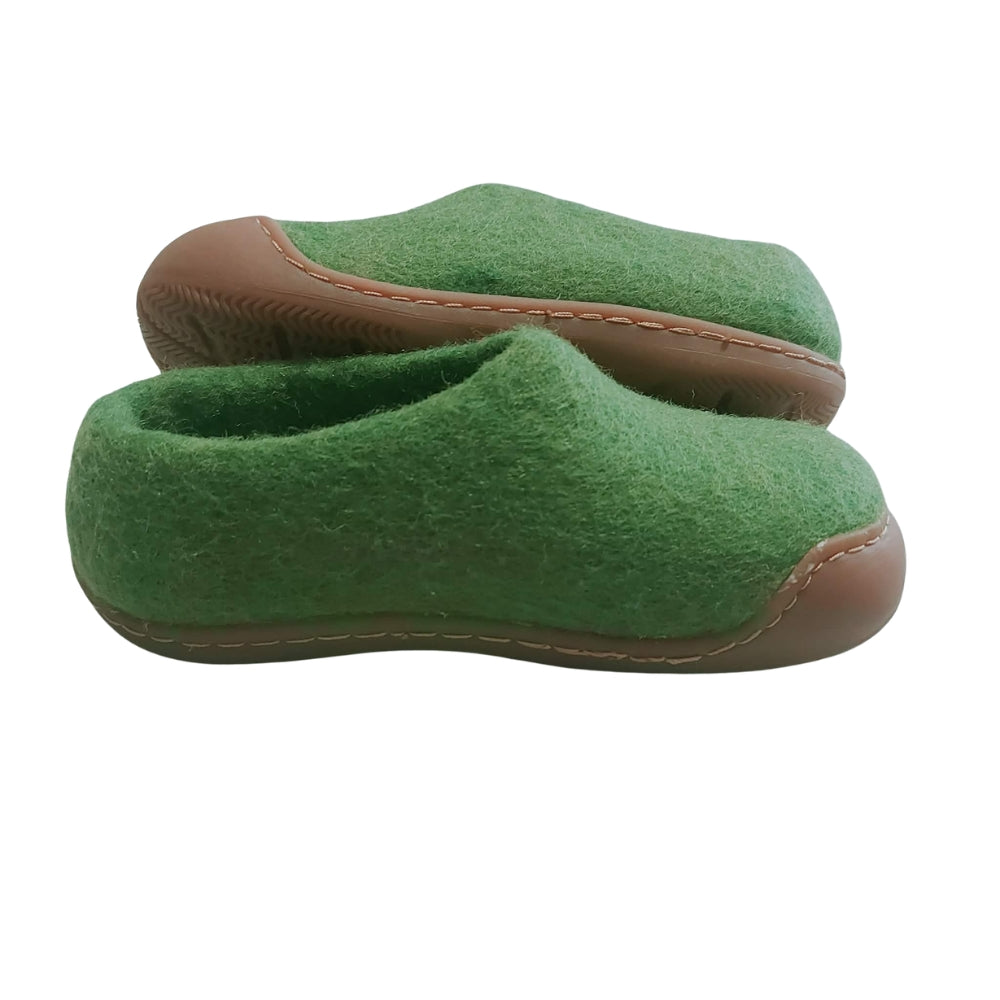 Green Felt | Merino Wool Slippers | Slip-on | Shoes | Rubber Sole | Kids