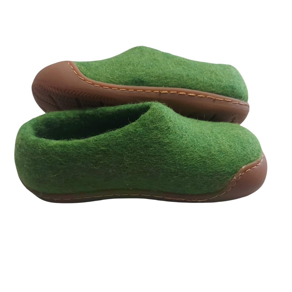 Green Felt | Merino Wool Slippers | Slip-on | Shoes | Rubber Sole | Kids
