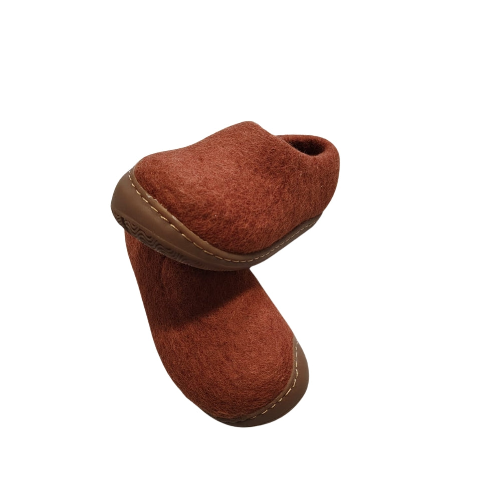 Brunt Orange Felt | Merino Wool Slippers | Slip-on | Shoes | Rubber Sole | Kids