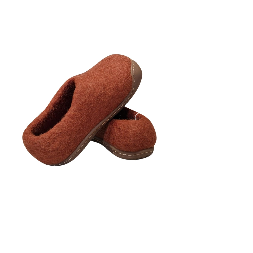 Brunt Orange Felt | Merino Wool Slippers | Slip-on | Shoes | Rubber Sole | Kids