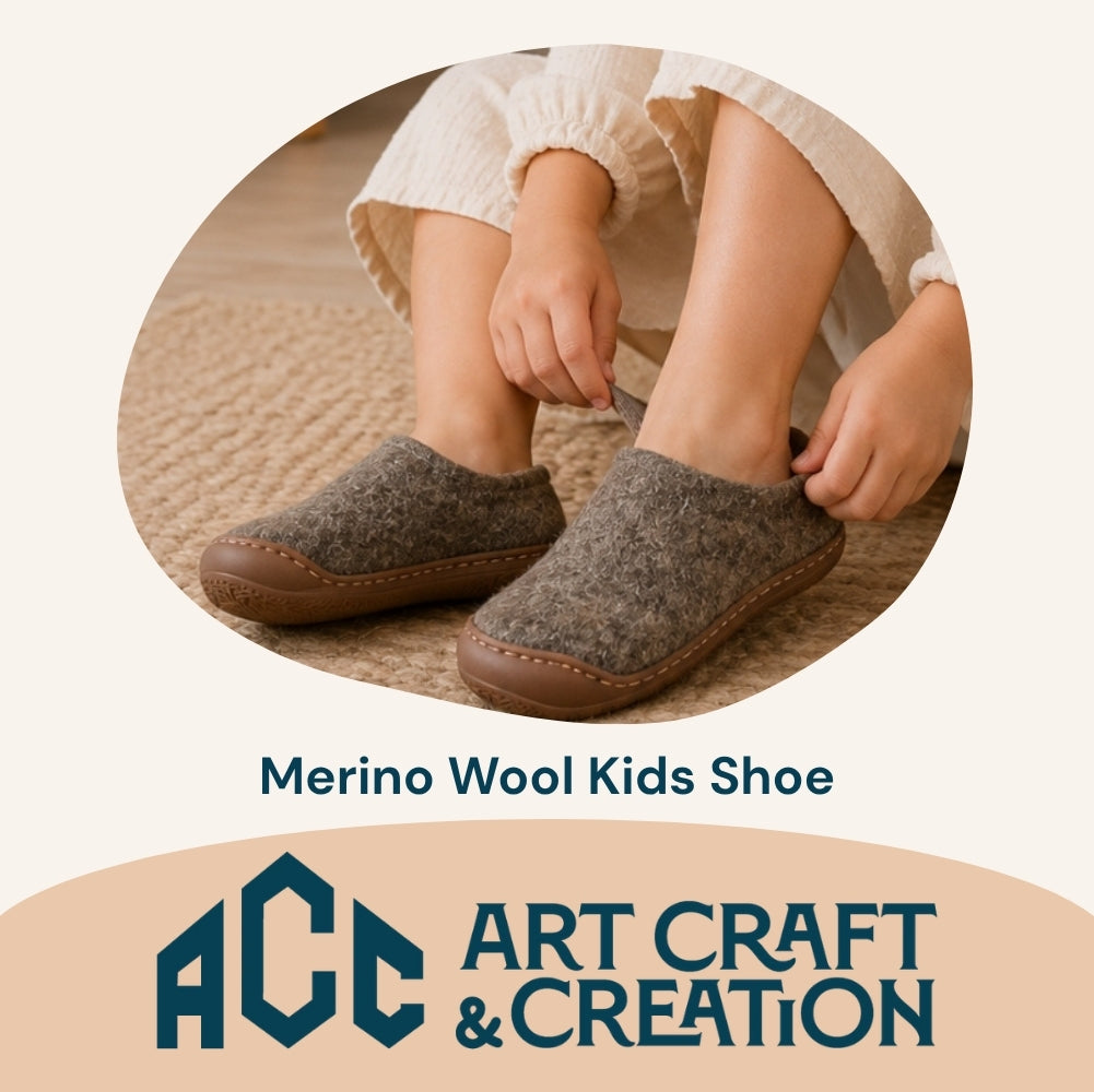 Light Brown Felt | Merino Wool Slippers | Slip-on | Shoes | Rubber Sole | Kids