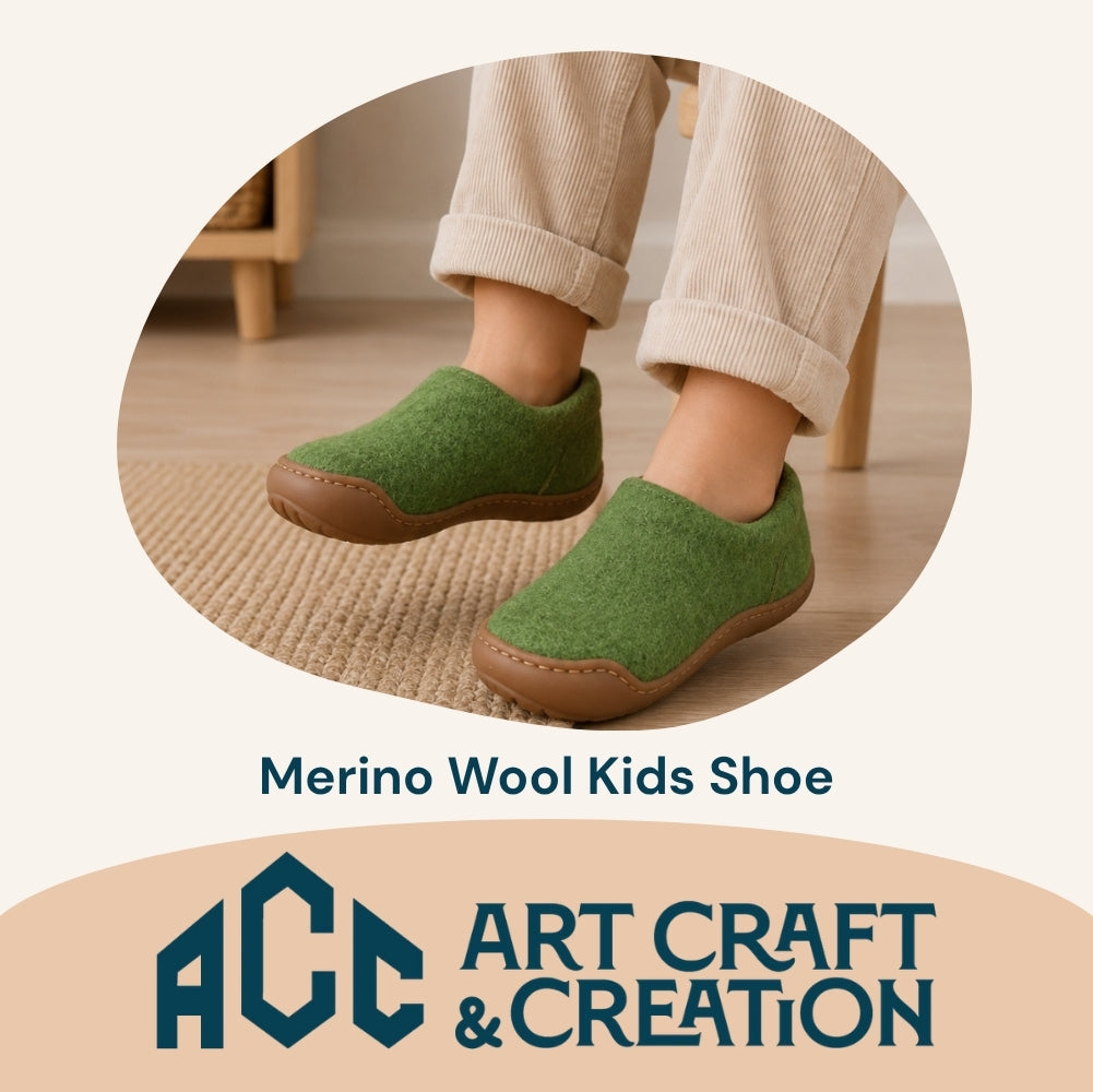 Green Felt | Merino Wool Slippers | Slip-on | Shoes | Rubber Sole | Kids