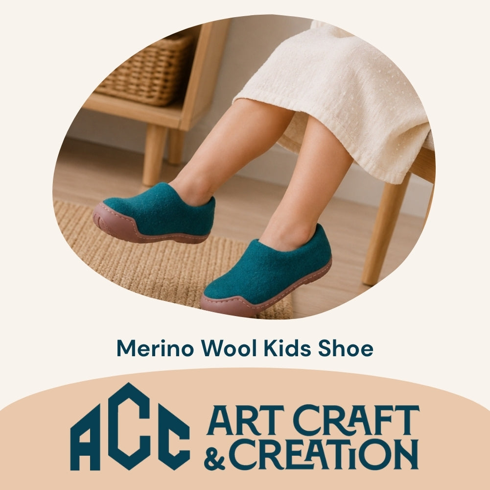 Ocean Green Felt | Merino Wool Slippers | Slip-on | Shoes | Rubber Sole | Kids