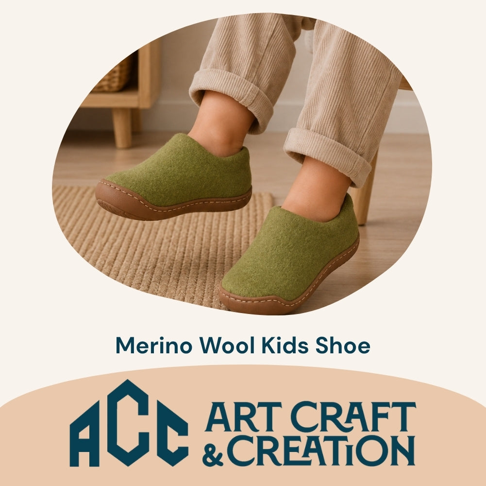 Light Green Felt | Merino Wool Slippers | Slip-on | Shoes | Rubber Sole | Kids