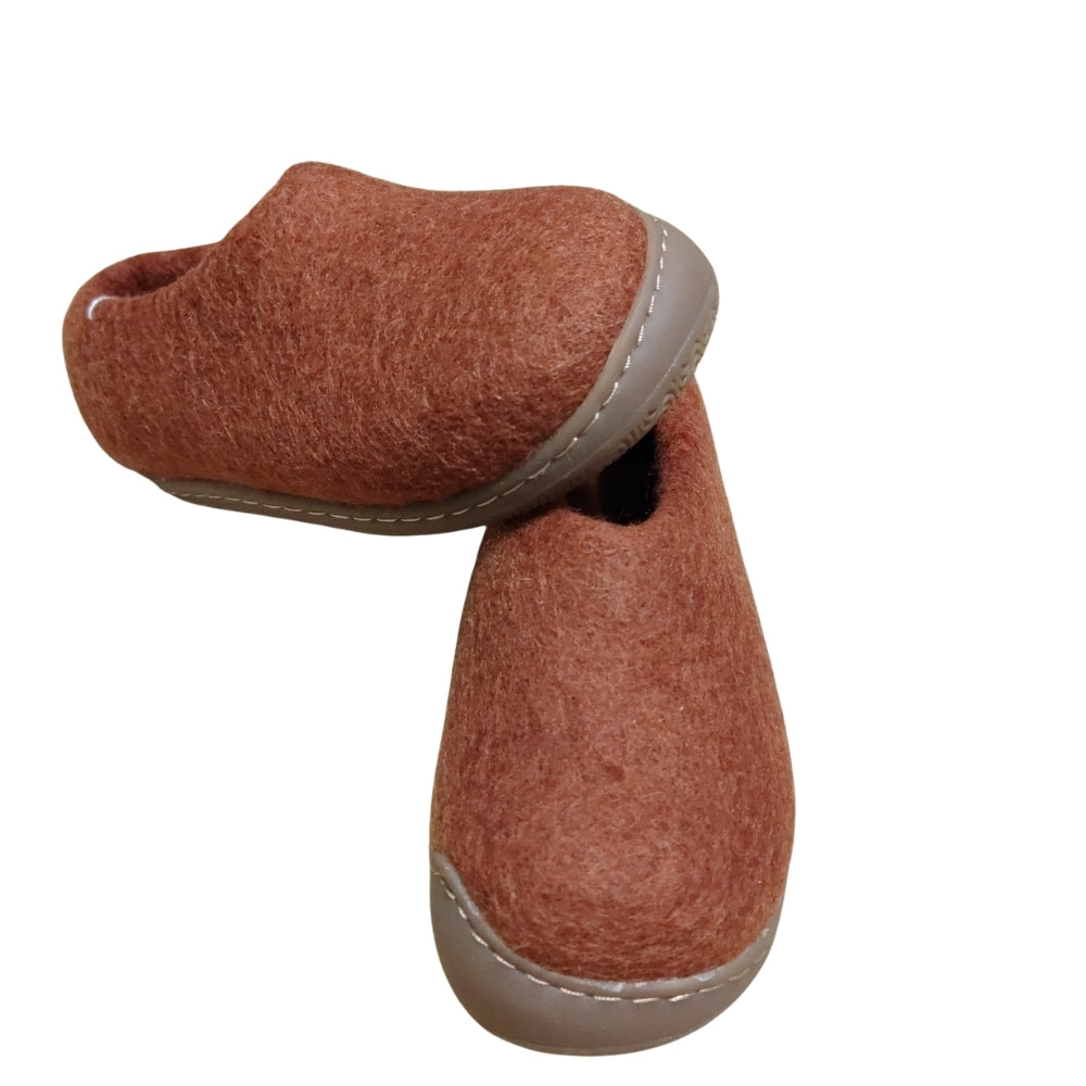 Brown Felt | Merino Wool Slippers | Slip-on | Shoes | Rubber Sole | Kids