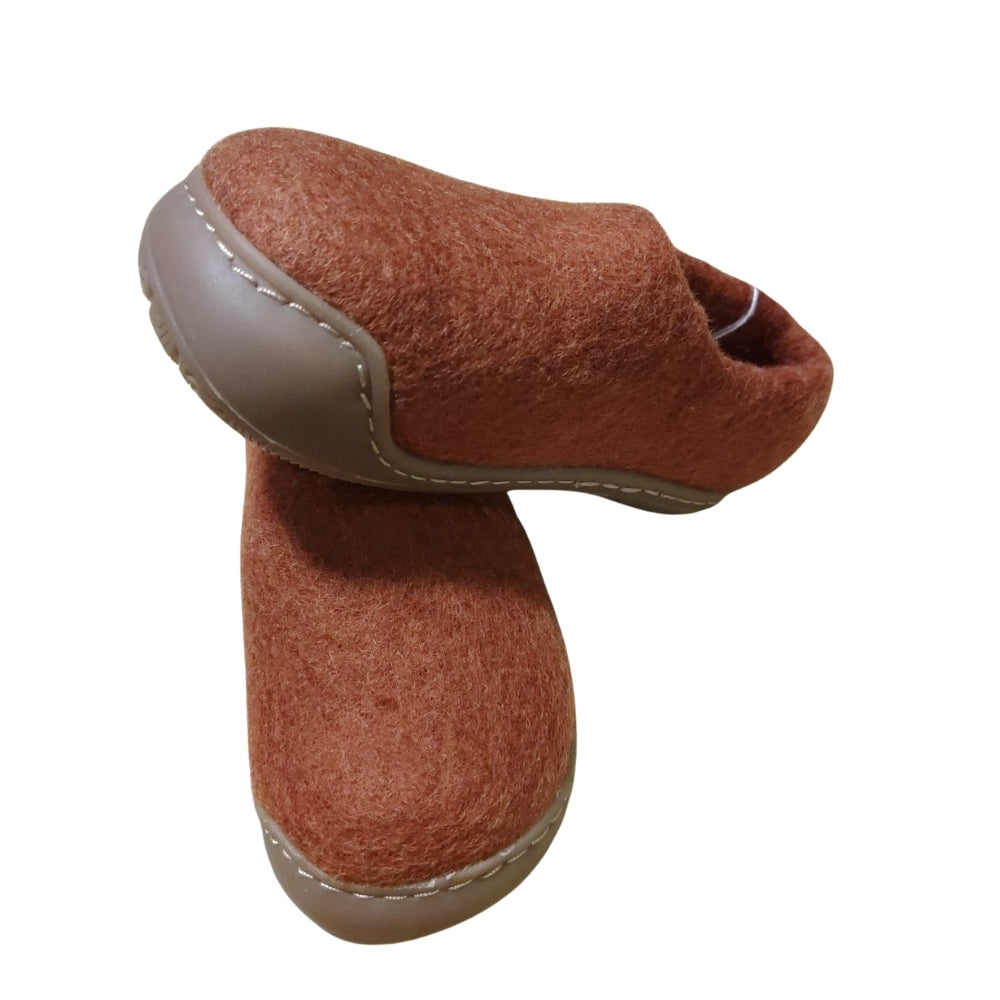 Brown Felt | Merino Wool Slippers | Slip-on | Shoes | Rubber Sole | Kids