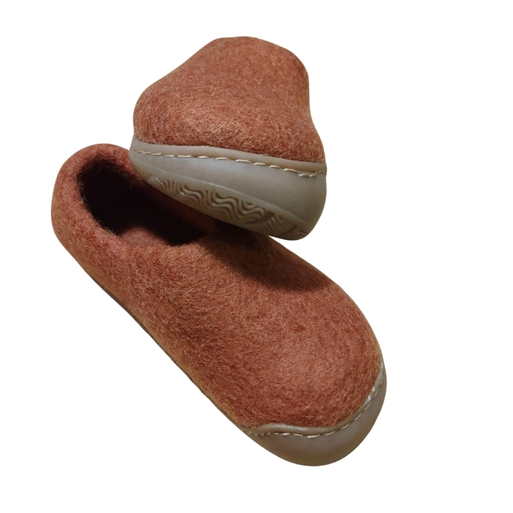 Brown Felt | Merino Wool Slippers | Slip-on | Shoes | Rubber Sole | Kids