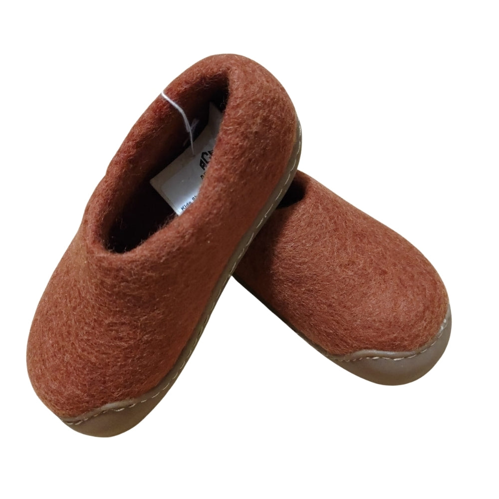 Brown Felt | Merino Wool Slippers | Slip-on | Shoes | Rubber Sole | Kids