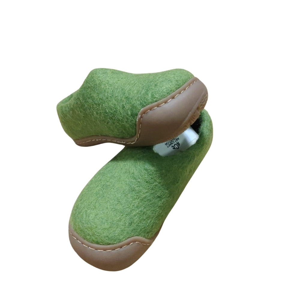 Green Felt | Merino Wool Slippers | Slip-on | Shoes | Rubber Sole | Kids