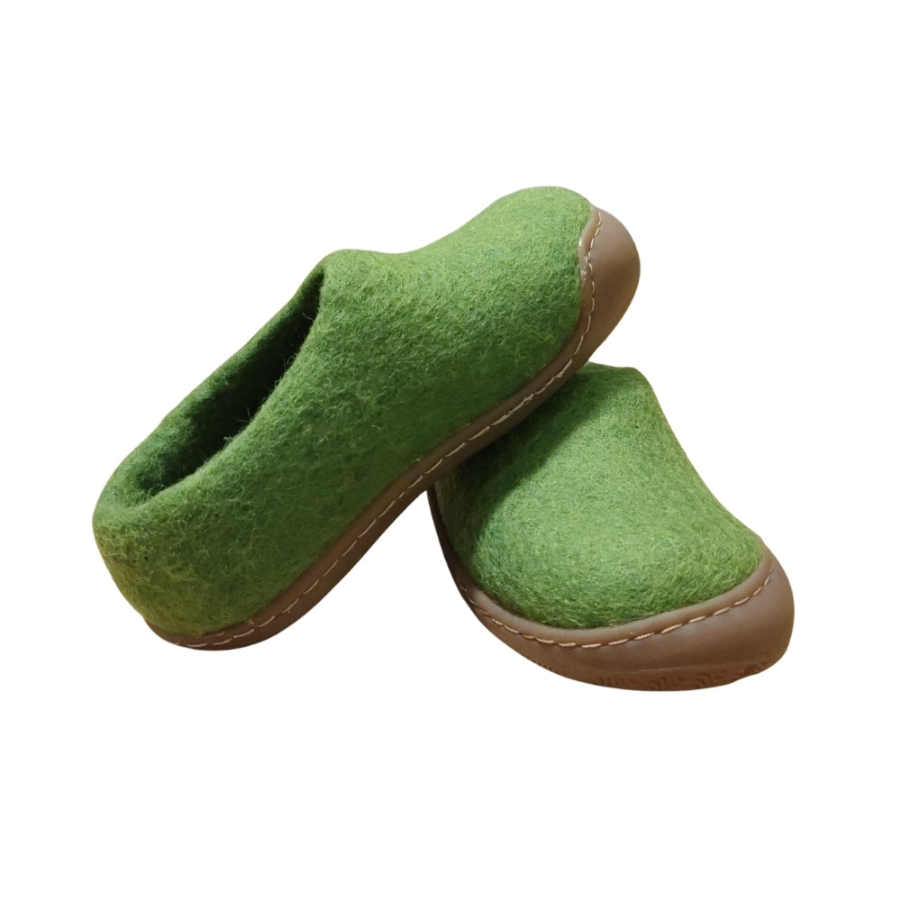 Green Felt | Merino Wool Slippers | Slip-on | Shoes | Rubber Sole | Kids