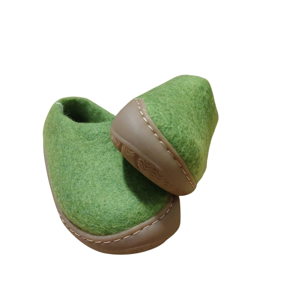 Green Felt | Merino Wool Slippers | Slip-on | Shoes | Rubber Sole | Kids