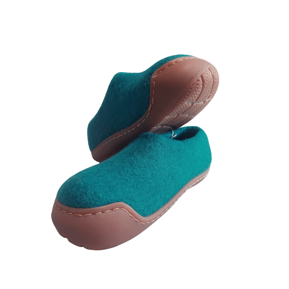Ocean Green Felt | Merino Wool Slippers | Slip-on | Shoes | Rubber Sole | Kids