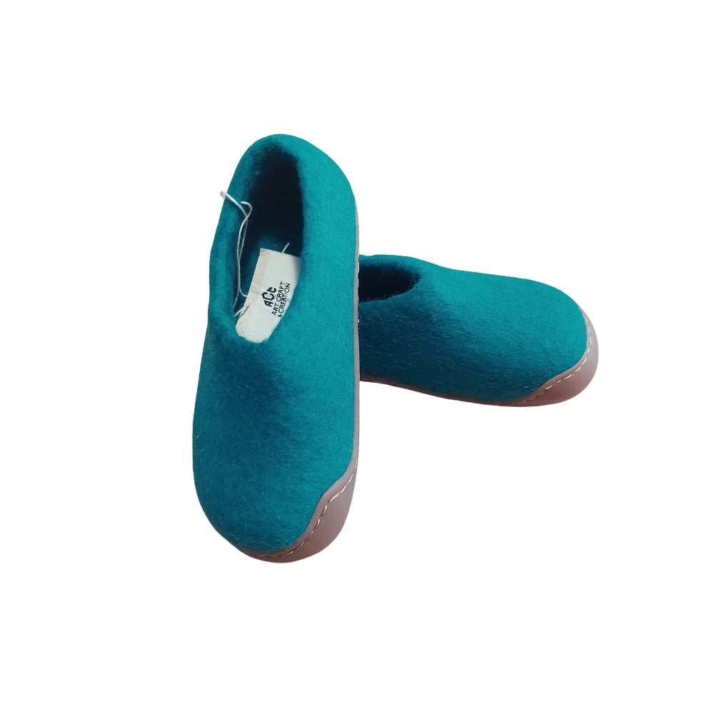 Ocean Green Felt | Merino Wool Slippers | Slip-on | Shoes | Rubber Sole | Kids