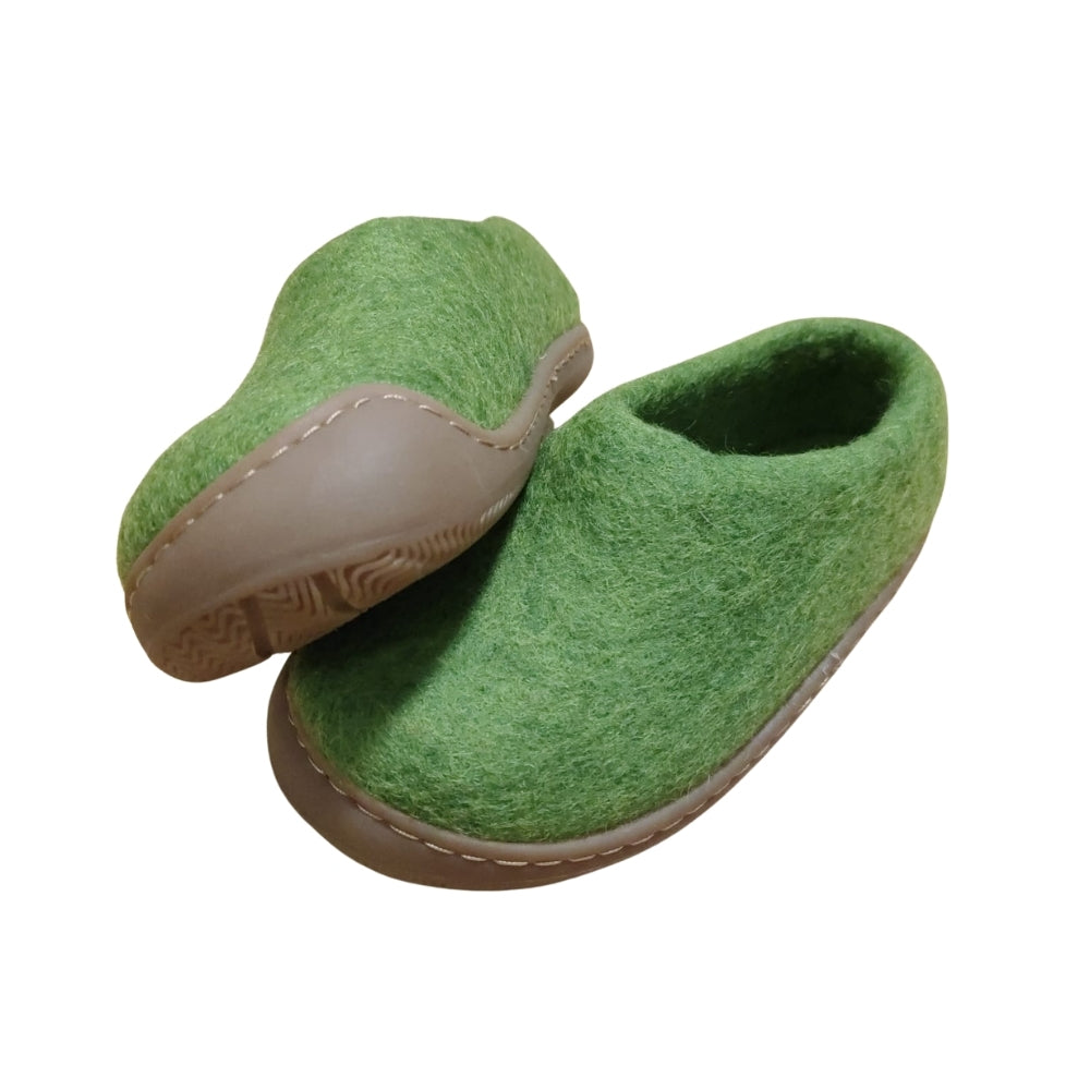 Green Felt | Merino Wool Slippers | Slip-on | Shoes | Rubber Sole | Kids