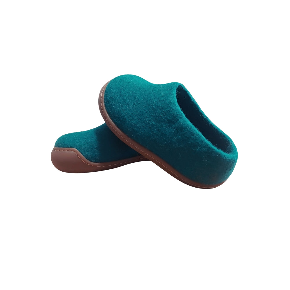 Ocean Green Felt | Merino Wool Slippers | Slip-on | Shoes | Rubber Sole | Kids