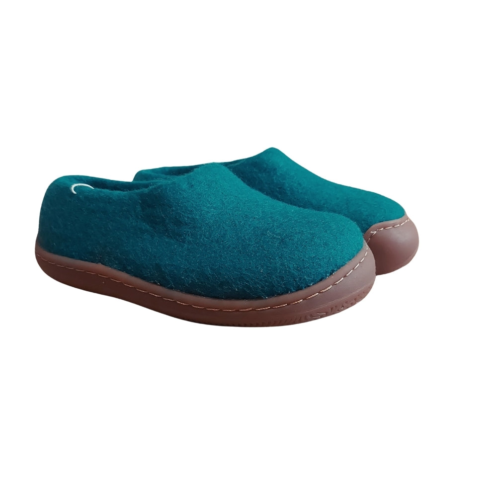 Ocean Green Felt | Merino Wool Slippers | Slip-on | Shoes | Rubber Sole | Kids