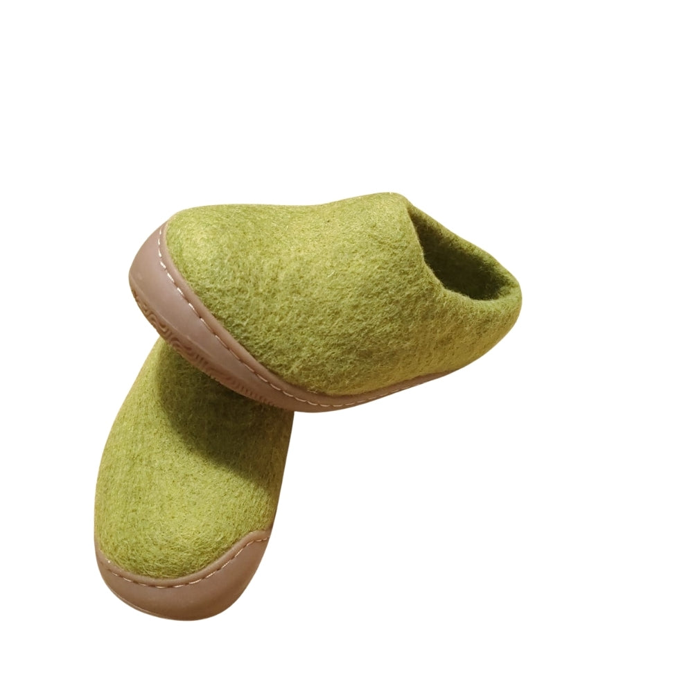 Light Green Felt | Merino Wool Slippers | Slip-on | Shoes | Rubber Sole | Kids