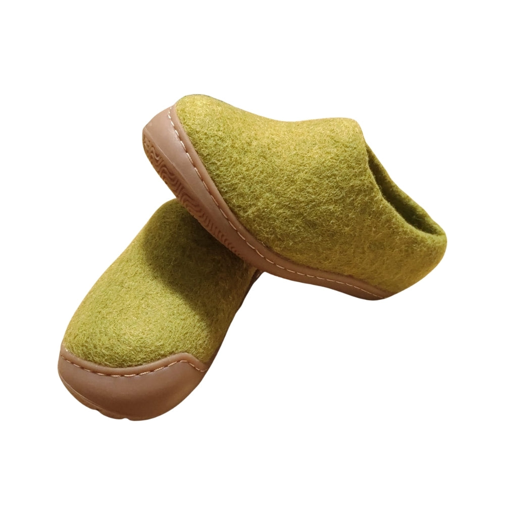 Light Green Felt | Merino Wool Slippers | Slip-on | Shoes | Rubber Sole | Kids