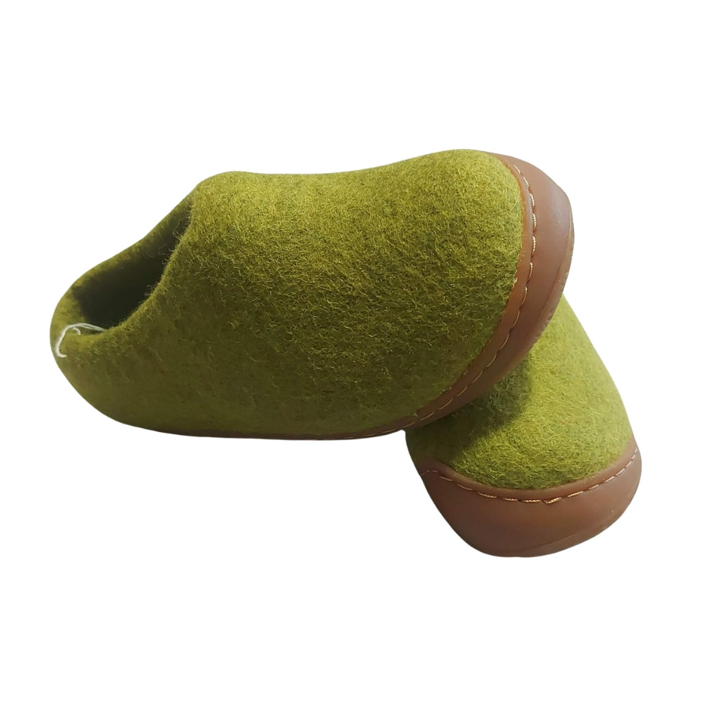 Light Green Felt | Merino Wool Slippers | Slip-on | Shoes | Rubber Sole | Kids