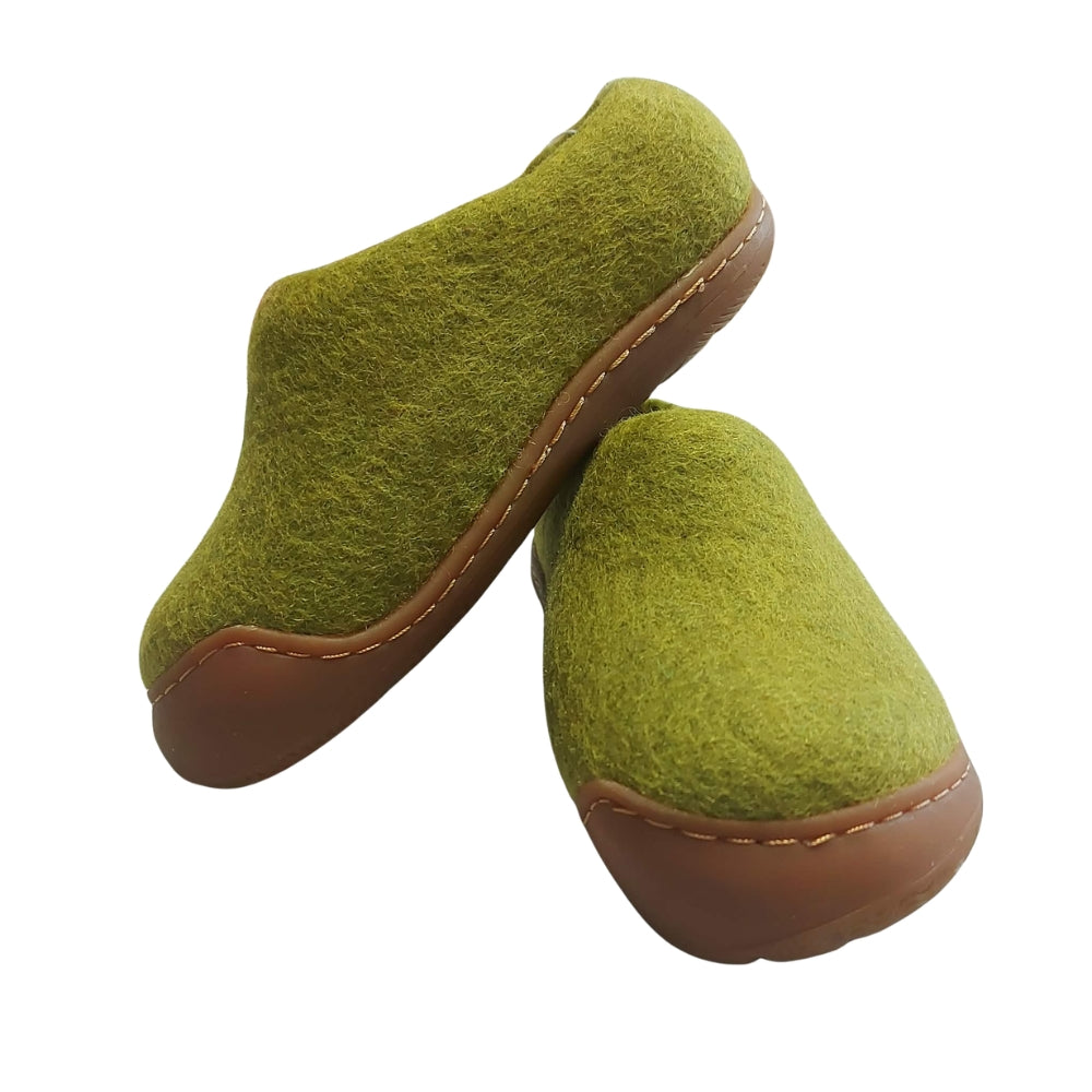 Light Green Felt | Merino Wool Slippers | Slip-on | Shoes | Rubber Sole | Kids