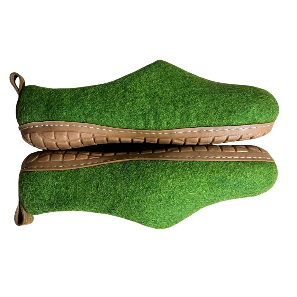 Green Felt | Merino Wool Slippers | Slip-On | Shoes | Adult | Unisex | Rubber Sole