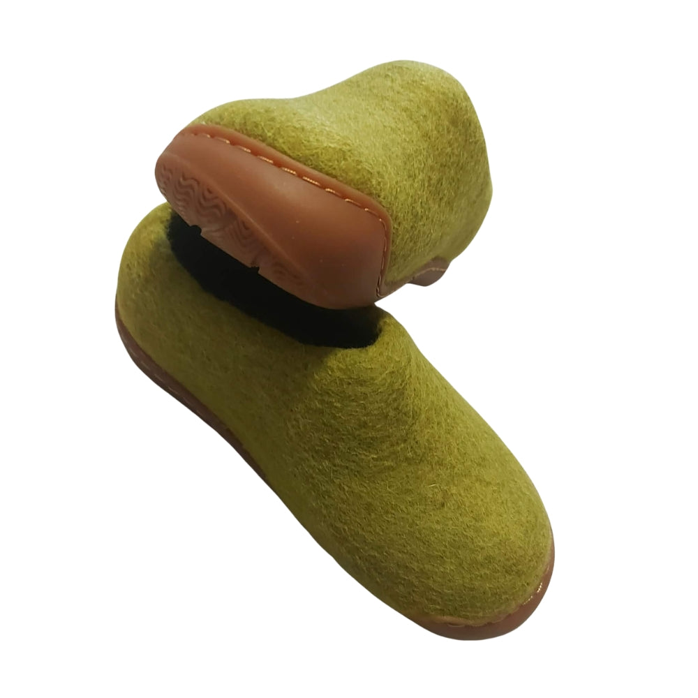 Light Green Felt | Merino Wool Slippers | Slip-on | Shoes | Rubber Sole | Kids